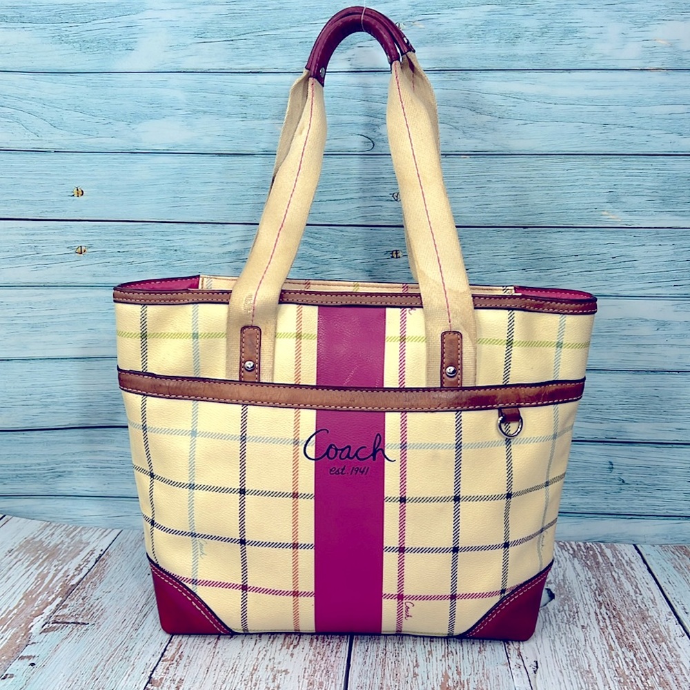 🌺 COACH HERITAGE TATTERSALL PLAID TOTE SHOULDER BAG F14790